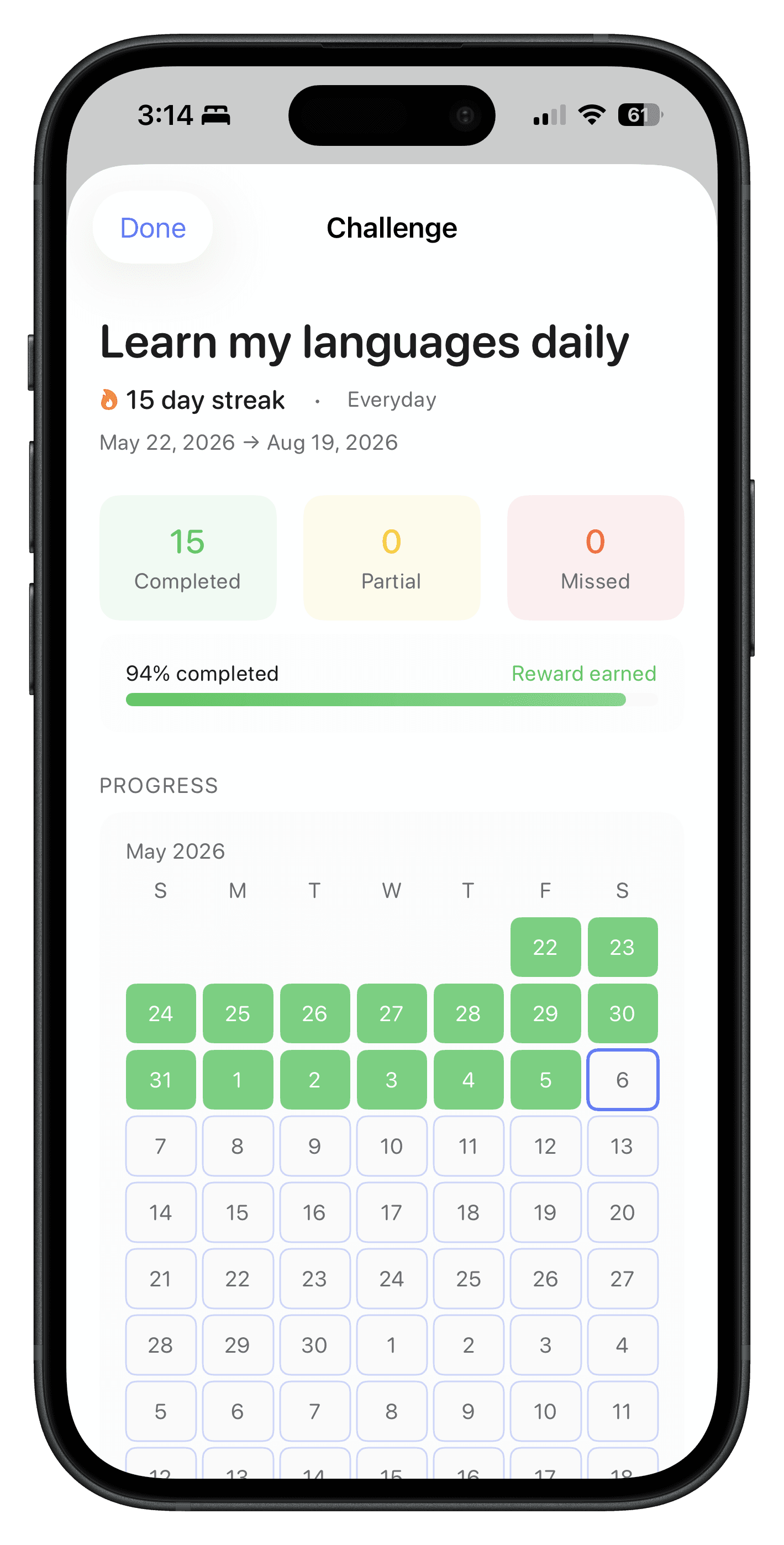 A Calma challenge showing a 15 day streak, 94% completion and a calendar of completed days