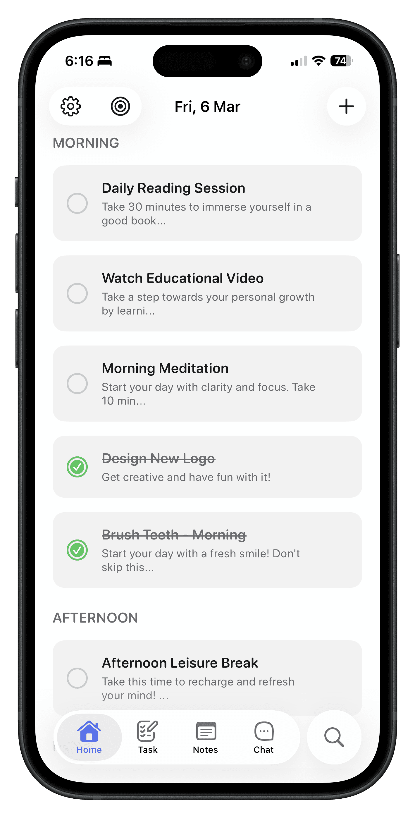 Calma's Today screen with tasks grouped into morning and afternoon