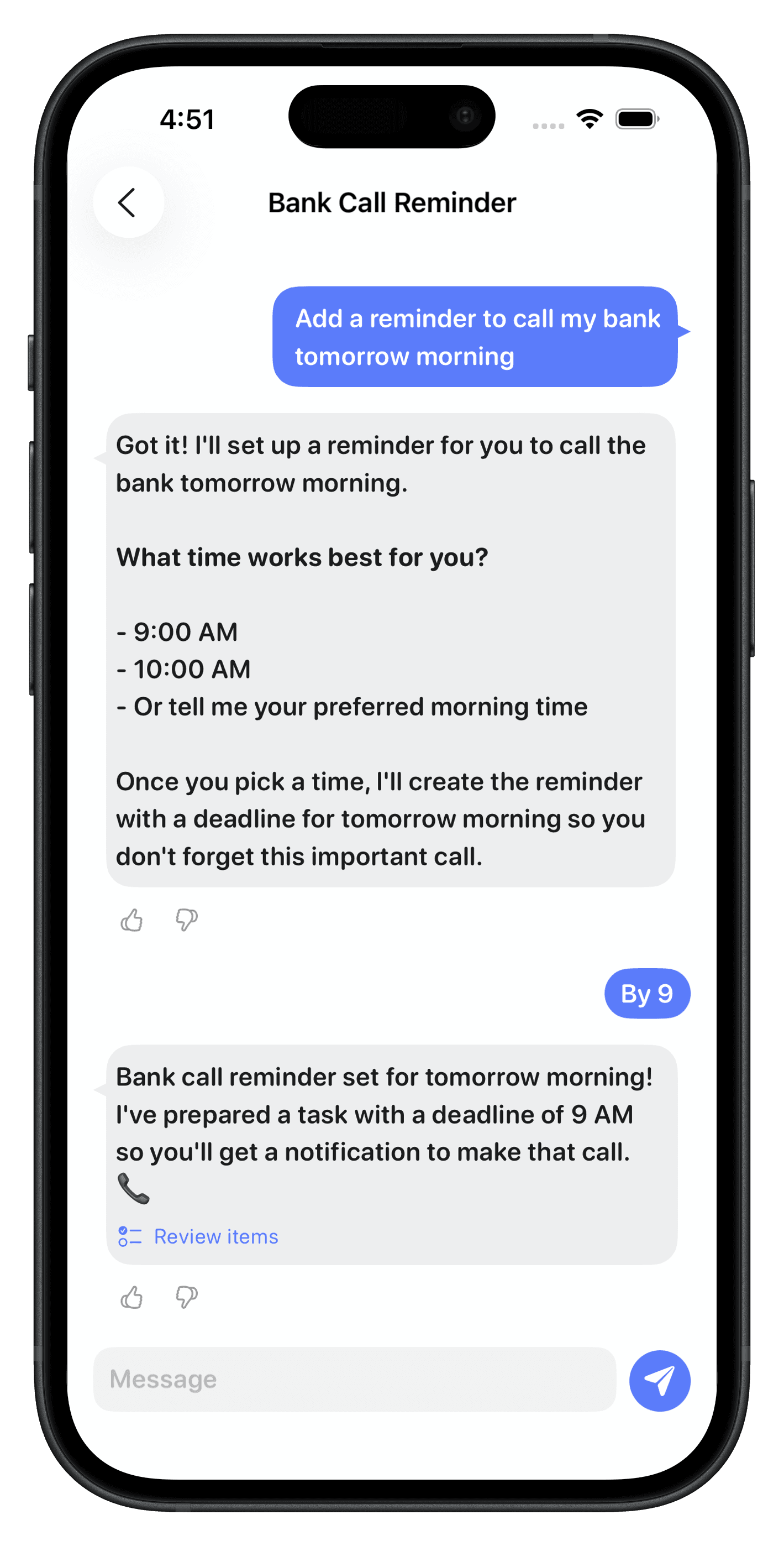 A Calma chat setting up a bank call reminder, where the assistant asks what time works and confirms a 9am deadline